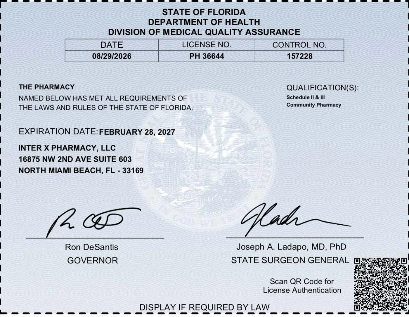 Florida Department of Health — Division of Medical Quality Assurance — Community Pharmacy Permit PH 36644